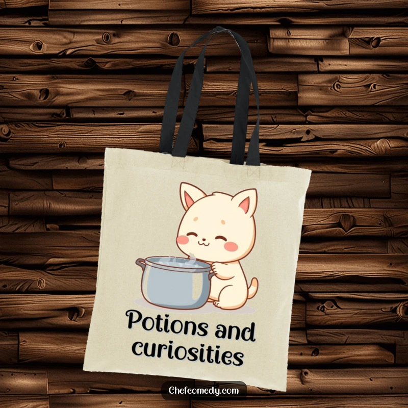 Funny Kawaii Animal Tote Bag, happily investigating a steaming pot, perfect for stylish and humorous everyday use.