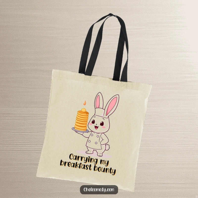 Funny Kawaii Bunny Chef Tote Bag featuring a cute bunny with a tall, wobbly stack of pancakes, ready for shopping.